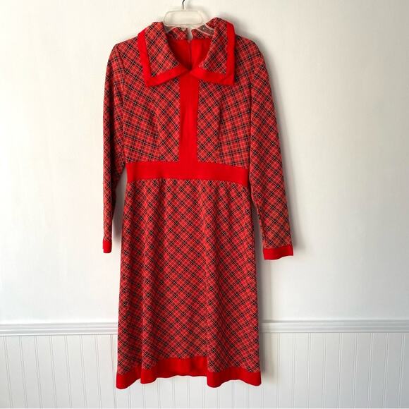 Vintage 1970s Red Plaid Butterfly Collar Dress Made USA Union Label Union Large - Picture 1 of 11